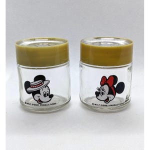 Saleiro e pimenteiro de vidro vintage dos anos 80 da Walt Disney Productions Mickey e Minnie Mouse