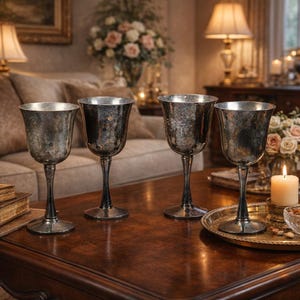 May include: Four stemmed goblets with a distressed, mottled silver finish. Each glass features a wide, rounded bowl tapering to a slender stem and a circular base. The metallic surface has a weathered, antique appearance with dark gray and silver tones.