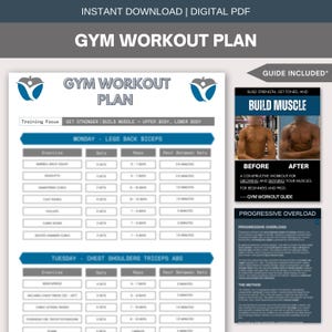 May include: A digital PDF gym workout plan with a blue and white design. The plan includes exercises for legs, back, biceps, chest, shoulders, triceps, and abs. The guide includes a "Build Muscle" section with before and after images.