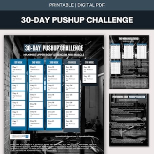 Op de afbeelding: Een afdrukbaar en digitaal PDF 30-daagse push-up challenge workout plan. Het plan is ontworpen om de kracht en spiermassa van het bovenlichaam te maximaliseren. Het document bevat een trainingsschema, workoutniveaus en instructies.