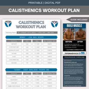 Könnte beinhalten: Ein druckbares digitales PDF mit dem Titel "Calisthenics Workout Plan". Das Dokument enthält einen Trainingsplan mit Abschnitten für Beine, Rücken, Bizeps, Brust, Schultern, Trizeps und Bauchmuskeln. Enthält einen "Muskelaufbau"-Leitfaden mit Vorher-Nachher-Bildern.