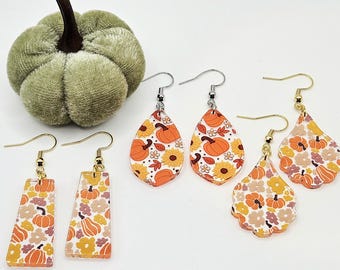Autumn Floral Pumpkin Earrings: Nickel-Free Acrylic Dangles