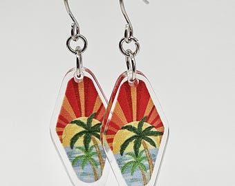 Beach Sunset Palm Tree Earrings: Tropical Acrylic Dangle Earrings