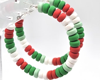 Christmas Hoop Earrings | Red Green White Polymer Clay Hoops | Holiday Jewelry Gift | Lightweight Nickel-Free Earrings | Festive Jewelry