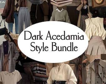 May include: A collage of clothing items in a dark academia style. The image includes a brown coat, argyle sweater, pleated skirt, sweater vest, and black boots. The text "Dark Academia Style Bundle" is in the center.