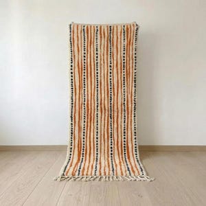 Terracotta Orange Striped Wool Runner Rug, Moroccan Kitchen Runner with Navy Dotted Lines and Warm Farmhouse Style