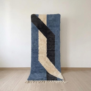 Blue Black and Ivory Moroccan Wool Runner Rug with Angular Path Pattern, Contemporary Handmade Rug for Hallway, Office or Entryway