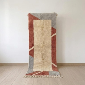 Rust and Taupe Moroccan Wool Runner Rug, Handmade Geometric Berber Hallway Rug with Minimal Tribal Triangle Pattern
