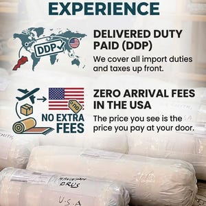 Może przedstawiać: Grafika informacyjna zatytułowana PREMIUM IMPORT EXPERIENCE z ikonami mapy świata, flagi USA i paczki. Tekst wyjaśnia usługę Delivered Duty Paid, brak opłat przy odbiorze w USA oraz brak dodatkowych koszt&oacute;w przy dostawie do drzwi.