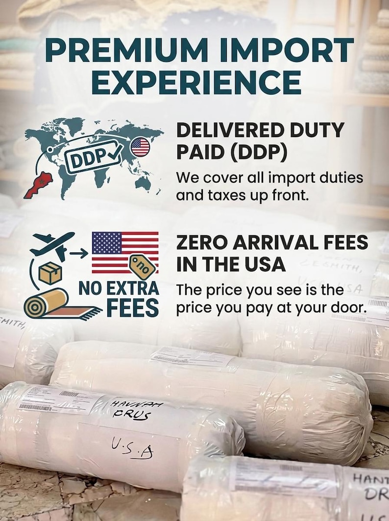 Może przedstawiać: Grafika informacyjna zatytułowana PREMIUM IMPORT EXPERIENCE z ikonami mapy świata, flagi USA i paczki. Tekst wyjaśnia usługę Delivered Duty Paid, brak opłat przy odbiorze w USA oraz brak dodatkowych koszt&oacute;w przy dostawie do drzwi.