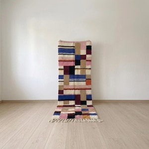 Eclectic Patchwork Runner Rug with Pink, Blue, Camel and Burgundy Blocks, Color-Block Wool Rug for Creative Studio or Bedroom