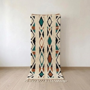 Cream Moroccan Wool Runner with Teal and Rust Diamonds, Handwoven Berber Hallway Rug for Eclectic Desert Decor