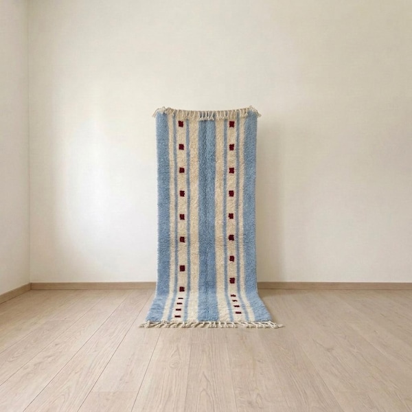 Sky Blue and Cream Moroccan Wool Runner Rug with Burgundy Dot Accents, Striped Berber Rug for Coastal Kitchen or Cottage Hallway