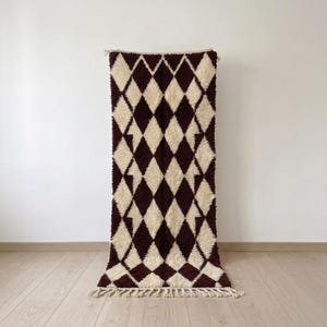 Brown Diamond Moroccan Wool Runner Rug, Cream Harlequin Pattern Hallway Rug for Rustic Modern and Lodge Decor