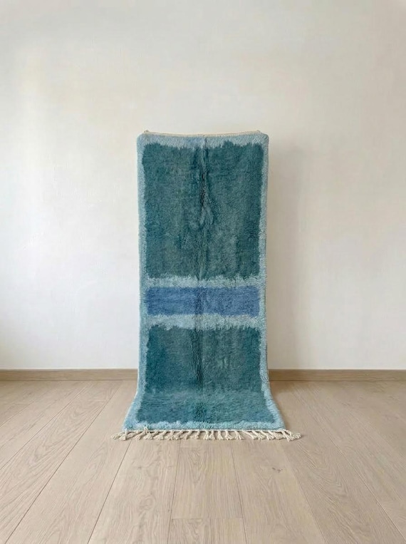Teal Moroccan Wool Runner Rug, Handwoven Berber Rug with Soft Blue Color Block Design