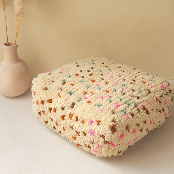 Handmade Moroccan Wool Pouf With Colorful Dots – Boho Rainbow