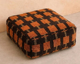 Handmade Moroccan Berber Pouf, Black & Burnt Orange Geometric Ottoman, Wool Floor Cushion, Boho Footstool, Moroccan Home Decor