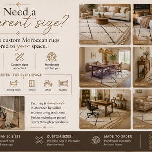 Może przedstawiać: Grafika informacyjna o dywanach marokańskich na zam&oacute;wienie z tekstem Need a different size? oraz We create custom Moroccan rugs tailored to your space. Przedstawia sześć wnętrz z kremowymi dywanami w czarne wzory w kształcie romb&oacute;w.