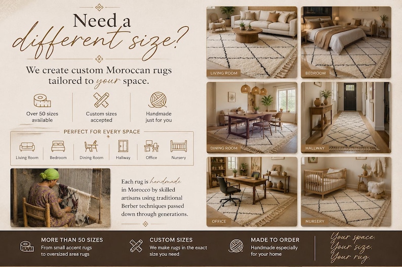 Może przedstawiać: Grafika informacyjna o dywanach marokańskich na zam&oacute;wienie z tekstem Need a different size? oraz We create custom Moroccan rugs tailored to your space. Przedstawia sześć wnętrz z kremowymi dywanami w czarne wzory w kształcie romb&oacute;w.