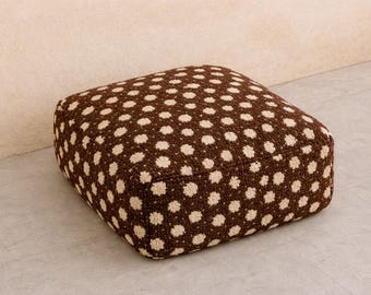 Brown and White Moroccan Pouf Cover – Polka Dot Wool Ottoman – Handmade Square Floor Cushion – Berber Boho Footstool