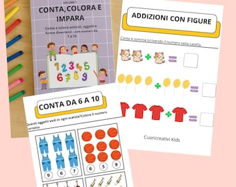 Könnte beinhalten: Lehrmaterialien für Kinder, darunter ein Arbeitsbuch mit dem Titel "CONTA, COLORA E IMPARA" und Arbeitsblätter mit Additions- und Zählübungen. Das Arbeitsbuch enthält farbenfrohe Illustrationen und die Zahlen 1-10. Die Arbeitsblätter zeigen Bilder von Katzen, Luftballons und Hemden.