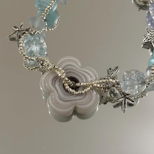 Handmade Lampwork Flower Bracelet, Floral white bracelet, Aesthetic Flower Bracelet jewelry, gift for her