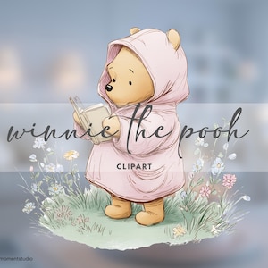 May include: A digital illustration of Winnie the Pooh wearing a pink hooded coat and reading a book. The image includes the text "winnie the pooh" and "CLIPART". The character is standing in a field of flowers.