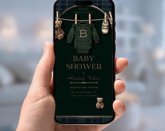 Green Teddy Bear Luxury Baby Shower Invitation Template – Tartan Equestrian Free Canva Invite Suite
