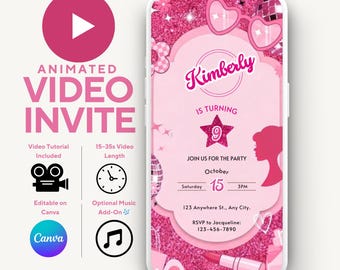 May include: Pink animated video invite on a smartphone screen. The invite features the name "Kimberly" and the number "9" in a star. Includes party details, a silhouette, and lipstick. Additional icons and text indicate video tutorial, length, and music add-on.