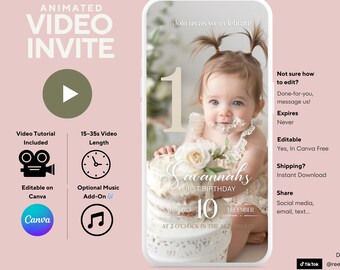 Animierte bearbeitbare Einladung zum 1. Geburtstag (Sofortiger digitaler Download)