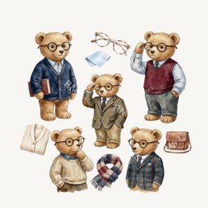 Puede incluir: Ilustración en acuarela de varios osos de peluche vestidos con varios atuendos, incluyendo trajes, suéteres y chalecos. Cada oso lleva gafas redondas. Accesorios: libro, bufanda, gafas y una pequeña bolsa. Los osos tienen una estética vintage y académica.