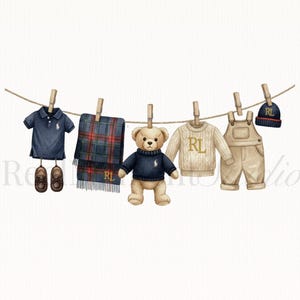 May include: A watercolour illustration of baby clothes and a teddy bear hanging on a washing line. Items include a navy polo shirt, plaid scarf, beige dungarees, a knit sweater, and a navy beanie. The teddy bear wears a navy sweater.
