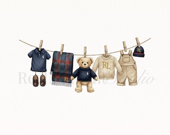 Polo Teddy Bear Clipart | Preppy Baby Clothesline (PNG Digital Download)