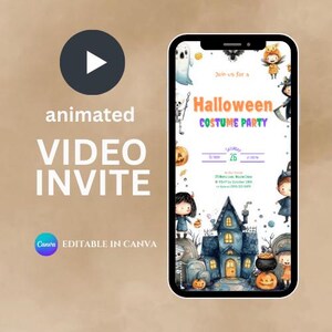 Può includere: Uno smartphone mostra un invito a una festa in costume di Halloween. L'invito presenta illustrazioni ad acquerello di fantasmi, zucche e una casa infestata. Il testo include "Halloween Costume Party" e "26 ottobre". L'immagine dice anche "animated VIDEO INVITE" e "EDITABLE IN CANVA".