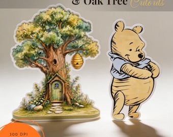 Sagoma classica di Winnie the Pooh e di un albero, albero delle fate con porta, decorazione per baby shower, sfondo, cartello da giardino, sagoma (download digitale)