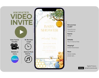 May include: A smartphone screen displaying a baby shower invitation with a Winnie the Pooh theme. The design includes a golden honeycomb, a bee, and the words "BABY SHOWER". The phone shows the text "Animated Video Invite" and other details.