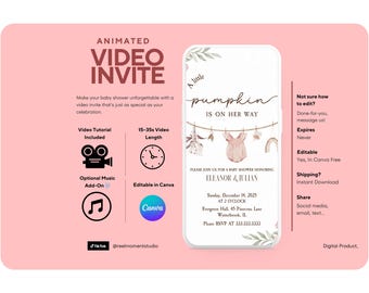 Può includere: Invito video animato rosa per un baby shower. Il design include il testo "A little pumpkin is on her way" e i dettagli per il baby shower di Eleanor e Julian. Include tutorial video e musica opzionale.