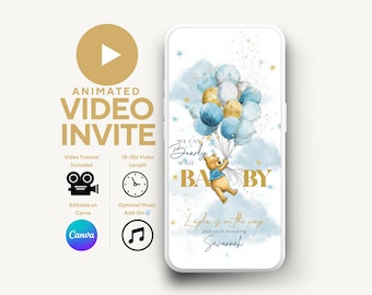 Nalle Puh babyshower-videoinbjudan, blå ballonginbjudan, redigerbar canvas (digital)