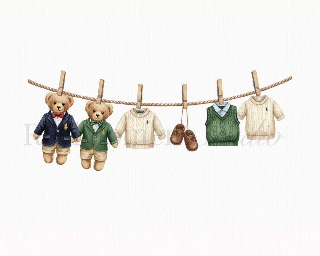 Polo Teddy Bear Clipart | Watercolor Baby Clothesline (PNG Digital ...