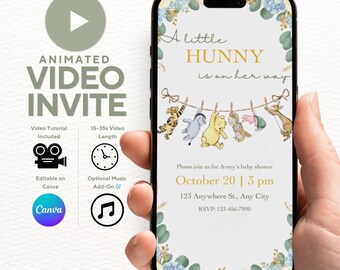 Classic Winnie the Pooh and Friends Baby Shower Video Invitation, Editable Canva Invitation, Baby Registry QR Code