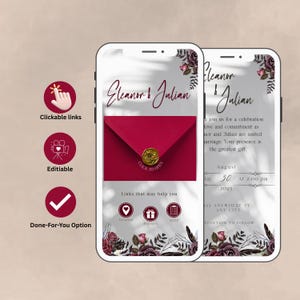 Op de afbeelding: Twee smartphones met een huwelijksuitnodiging. De uitnodiging toont de namen "Eleanor & Julian", een rode envelop met een gouden zegel en bloemmotieven. De datum, tijd en locatie van de bruiloft staan er ook op.