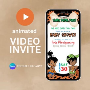Puede incluir: Invitación de video animada para un baby shower. El diseño presenta personajes de dibujos animados y el texto "Yabba Dabba Doo!" y "Baby Shower". La invitación es editable en Canva.