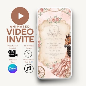 Könnte beinhalten: Animierte Videoeinladung für eine Quinceañera-Feier. Das Design zeigt ein Pferd, florale Akzente und eine junge Frau in einem rosa Kleid. Video-Tutorial enthalten, 15-35 Sekunden lang. Bearbeitbar auf Canva mit optionaler Musik.