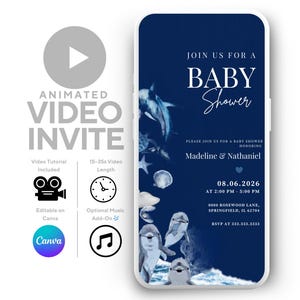 Invitación en video animada para baby shower con temática oceánica / Delfín bajo el mar / Invitación digital para baby shower azul marino