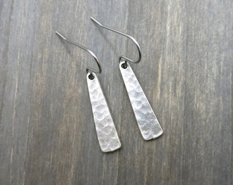 Hammered Antique Silver Bar Earrings Everyday Dangle Earrings Surgical Steel Earwires