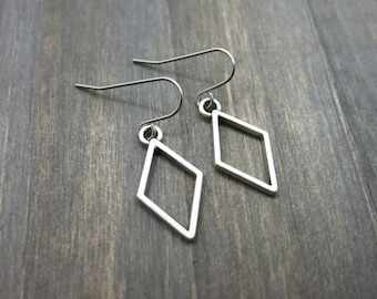 Diamond Shape Earrings Antique Silver Rhombus Earrings Lightweight Geometric Jewelry Surgical Steel Earwires