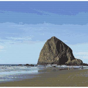 May include: A pixelated image of a beach scene with two large rock formations in the ocean. The sky is blue with some clouds. The water is a mix of blue and white, and the sand is a light brown color.