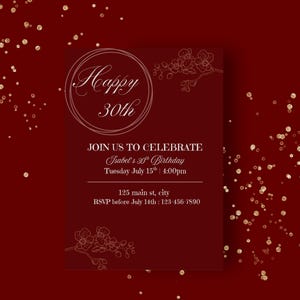 faire-part d&#39;anniversaire de couleur rouge | Modèle modifiable Téléchargement instantané | Modèle d&#39;invitation rouge foncé