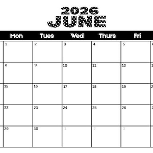 Peut inclure: Une page de calendrier mensuel en noir et blanc pour juin 2026. L'en-tête affiche le texte 2026 et JUNE dans un motif à pois audacieux. En dessous, une grille présente les jours de la semaine du dimanche au samedi, avec les dates de 1 à 30.
