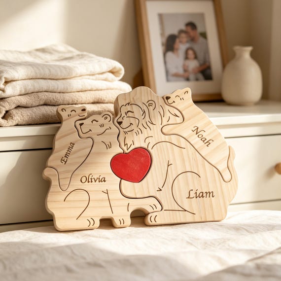 A custom wooden jigsaw puzzle shaped like a lion pride with each piece engraved with a family member's name — genuinely tactile, one-of-a-kind keepsake.